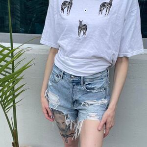 🦓 Anvil Embellished Cotton Tee with Zebra Patches - One-of-a-Kind Art! 🦓